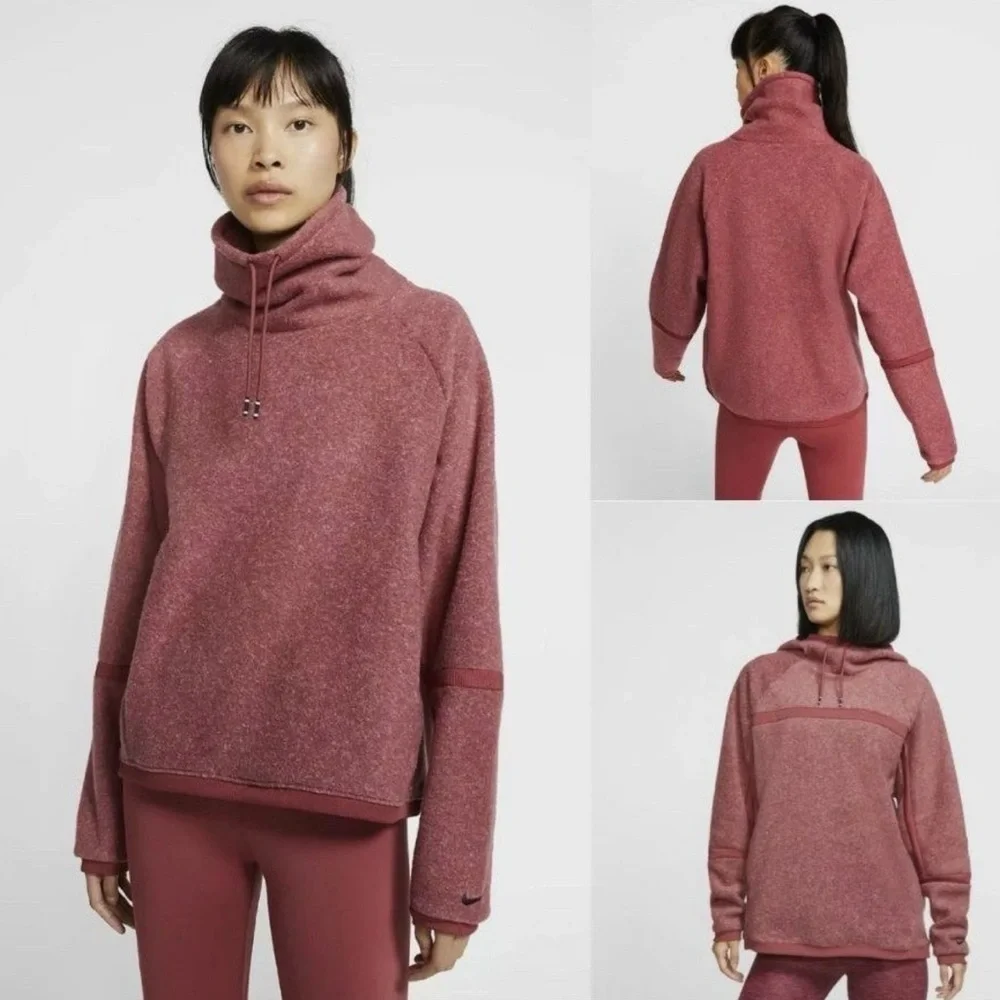 Nike Therma-FIT Pink Mauve Cowl Neck Fleece Pullover soft sweatshirt pockets med